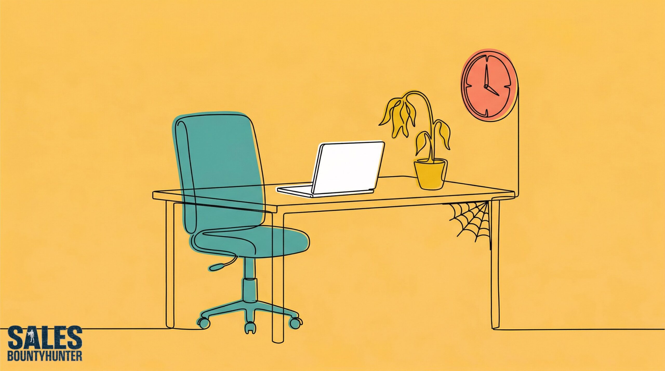 Illustration of an empty office desk with a wilting plant, cobweb, and clock showing time passing