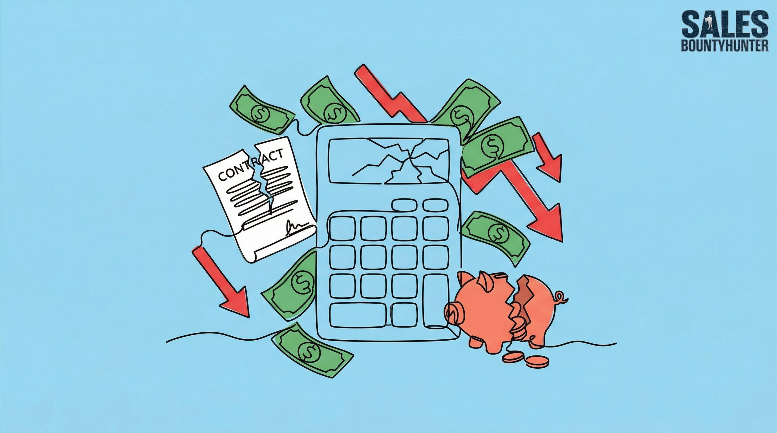 Illustration of a cracked calculator surrounded by scattered dollar bills, a torn contract, and a broken piggy bank