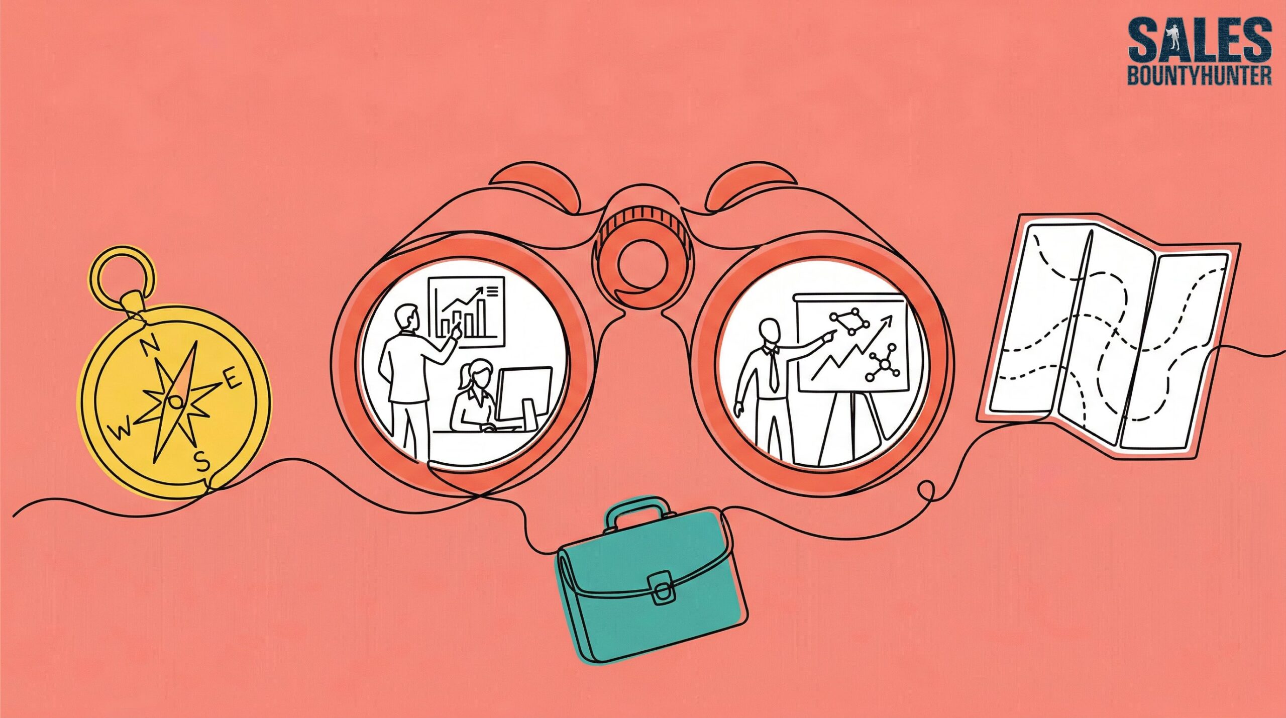 Illustration of binoculars spotting professionals, with a compass, map, and briefcase representing the search for talent