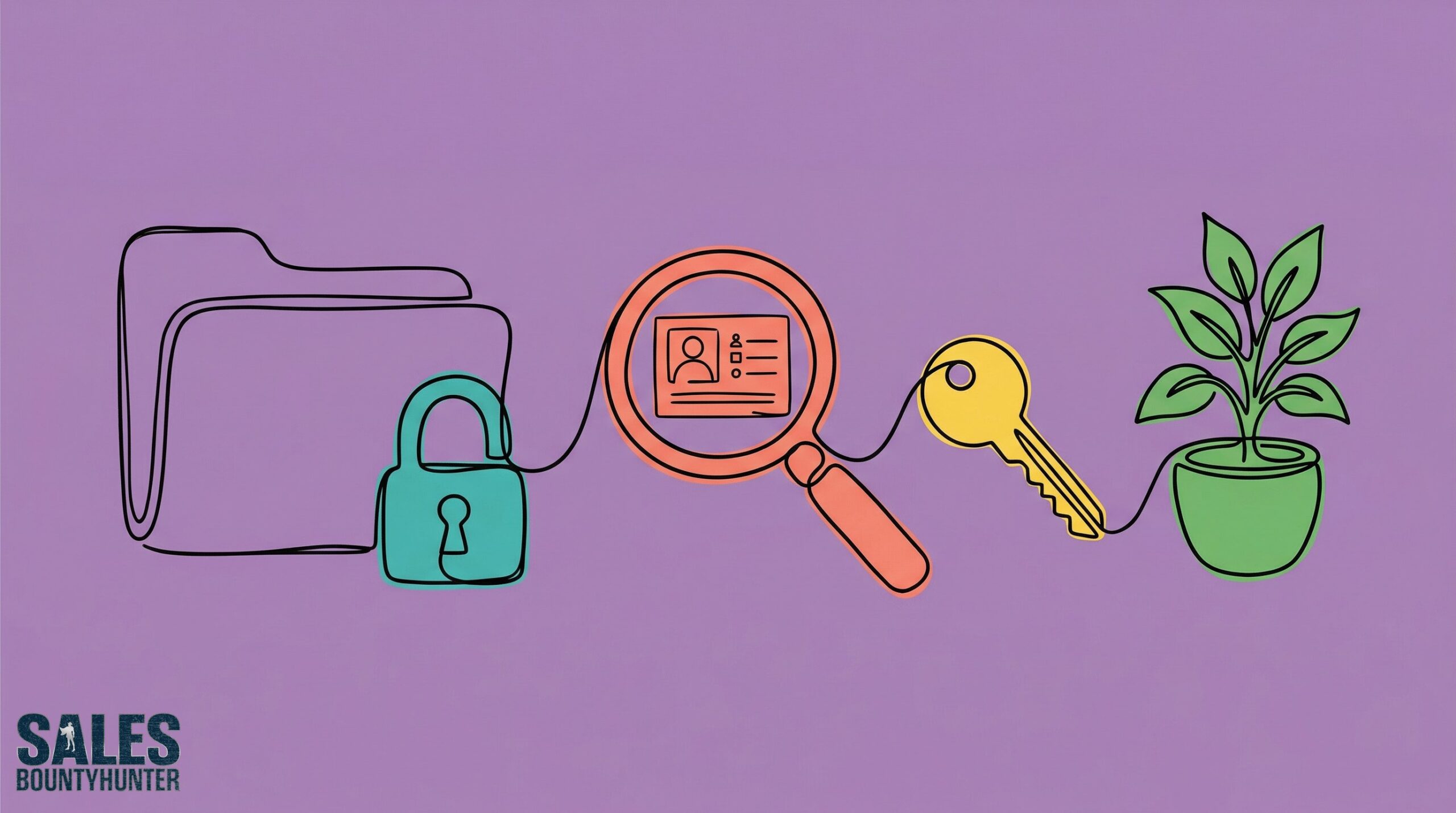 Illustration of a locked folder, magnifying glass examining a profile card, a key, and a plant