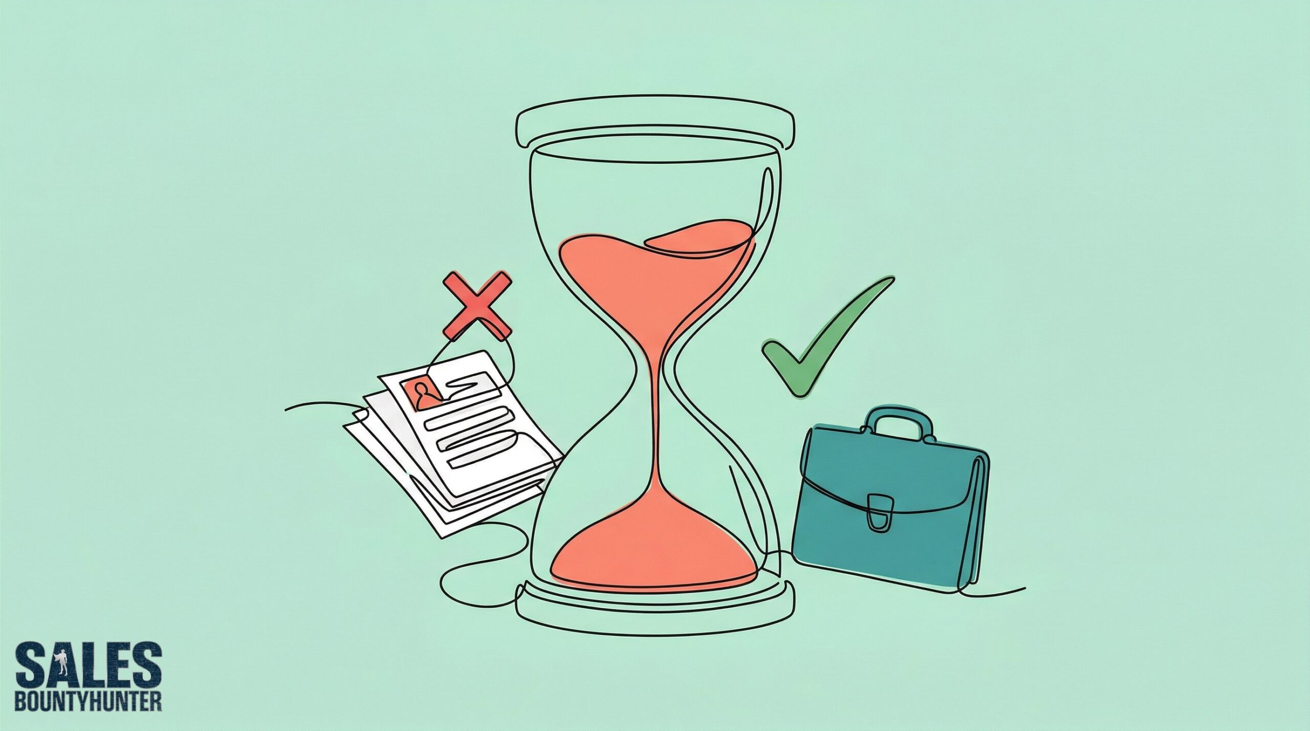 Illustration of an hourglass with rejected resumes on one side and a briefcase with checkmark on the other