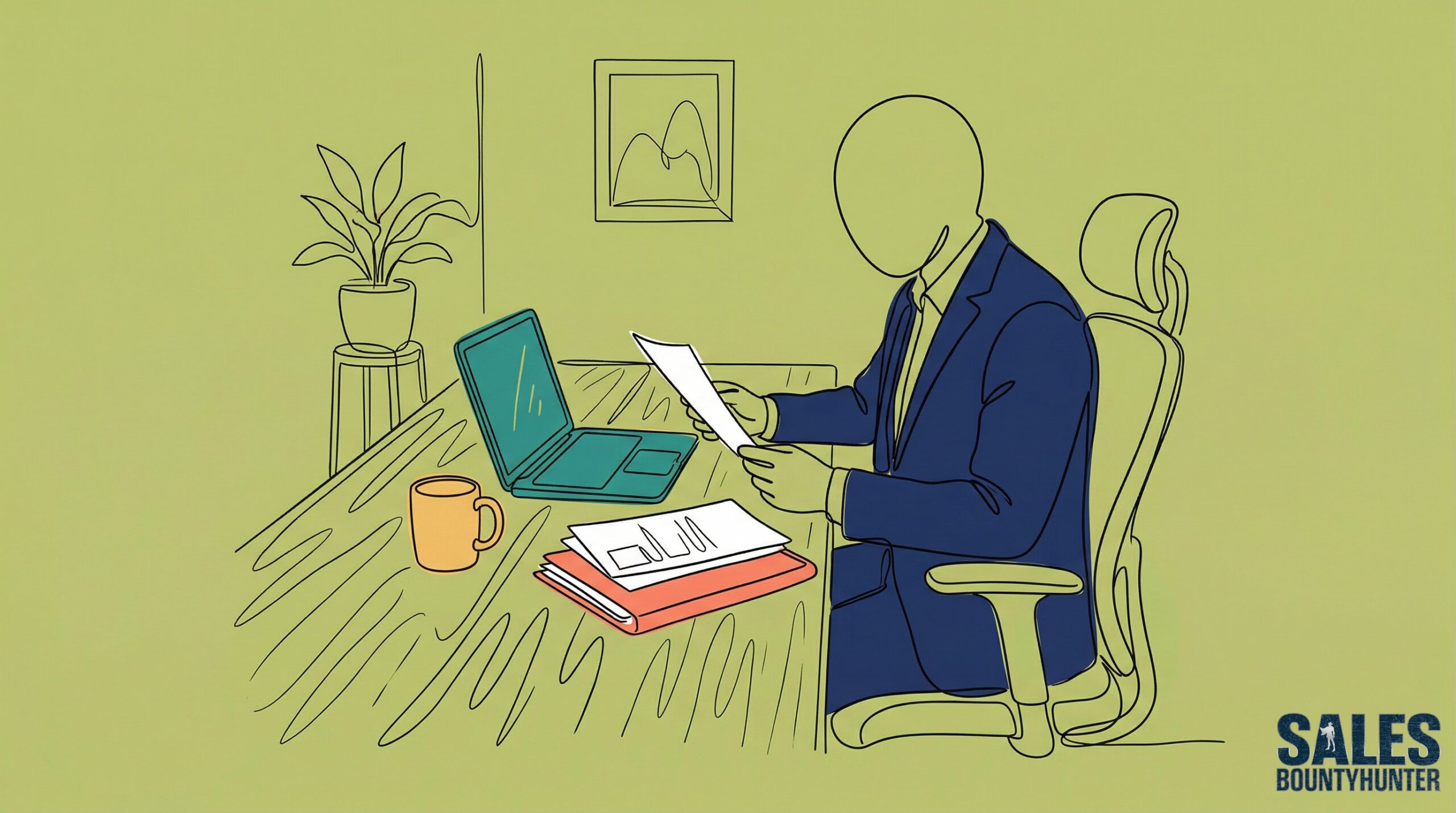Illustration of a hiring manager in a suit reviewing resumes at a desk with a laptop and coffee mug