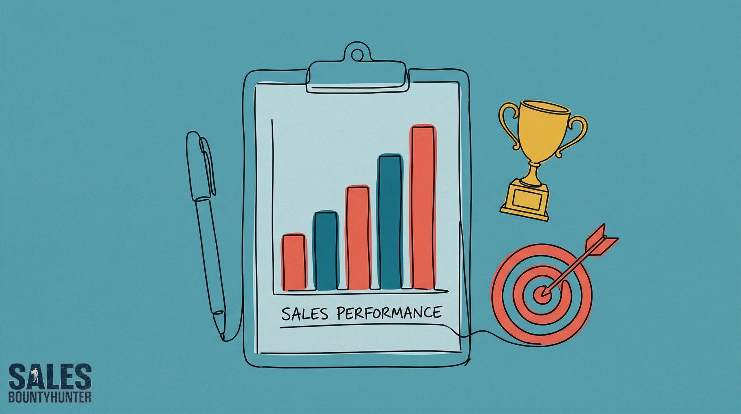 Illustration of a clipboard showing sales performance bar chart next to a trophy and bullseye target