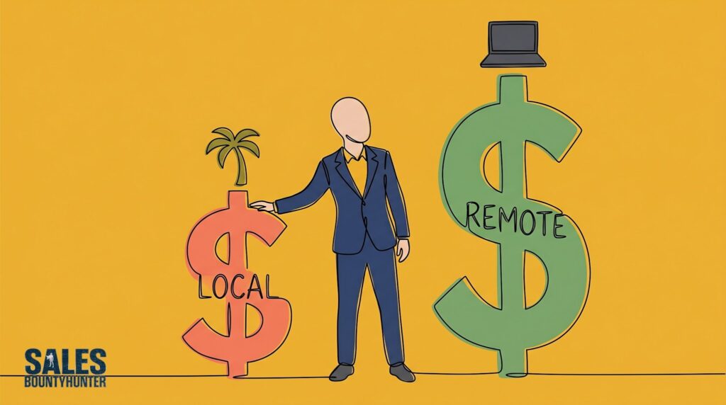An illustration comparing local and remote work. A businessman in a blue suit stands between a smaller orange dollar sign labeled 'LOCAL' with a palm tree on top, and a significantly larger green dollar sign labeled 'REMOTE' with a laptop on top. The 'Sales Bounty Hunter' logo is in the bottom left corner.