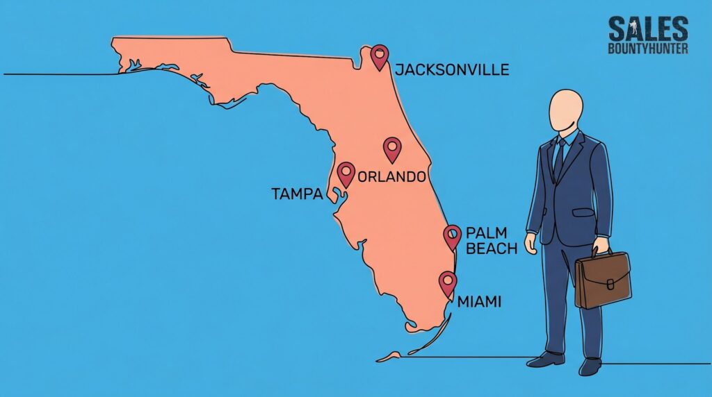 An illustration of the state of Florida with red location pins marking Jacksonville, Orlando, Tampa, Palm Beach, and Miami. To the right stands a faceless businessman in a blue suit holding a briefcase, with the 'Sales Bounty Hunter' logo in the top corner.