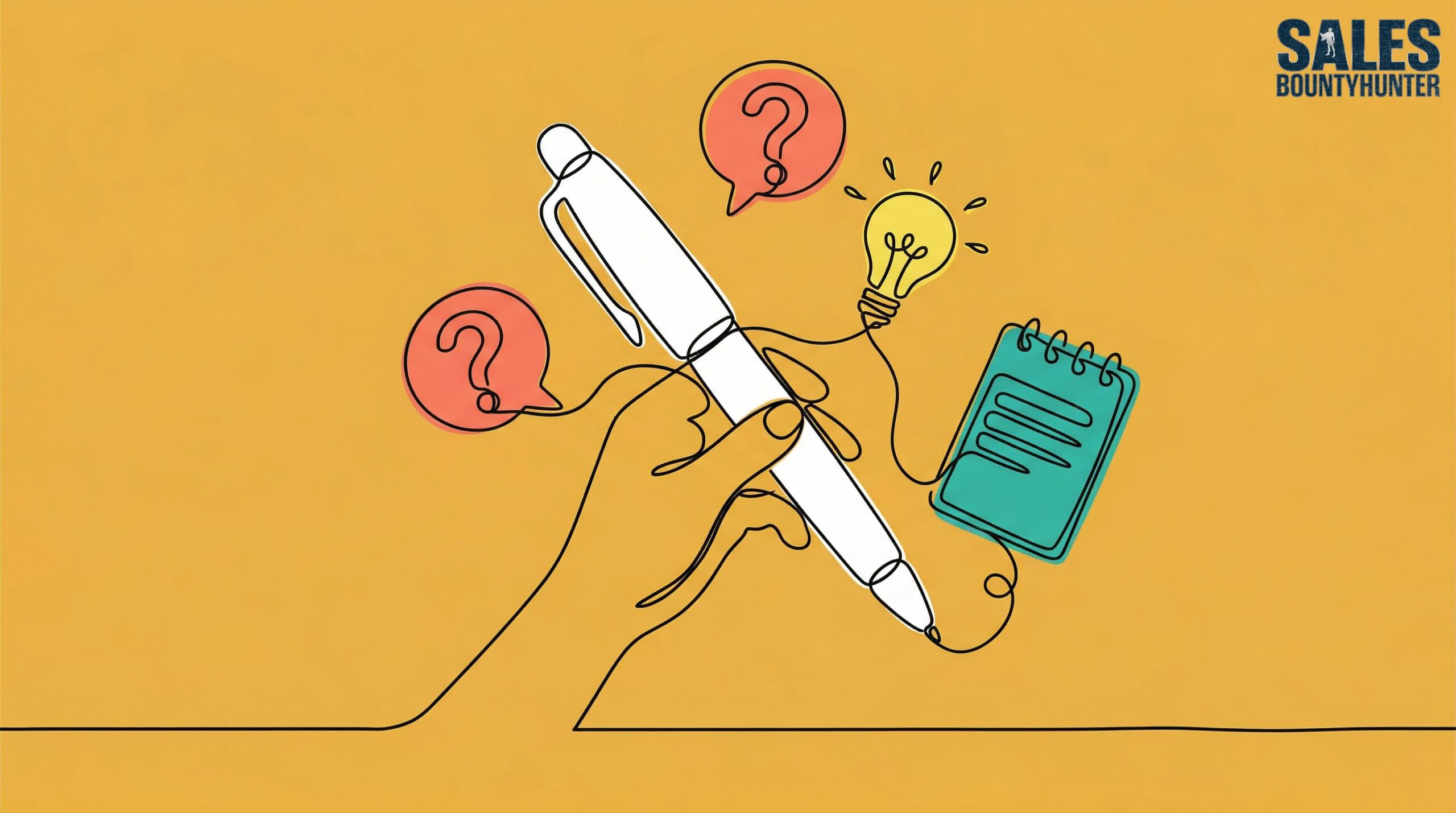 Illustration of a hand holding a pen with question mark bubbles, a lightbulb, and a notepad