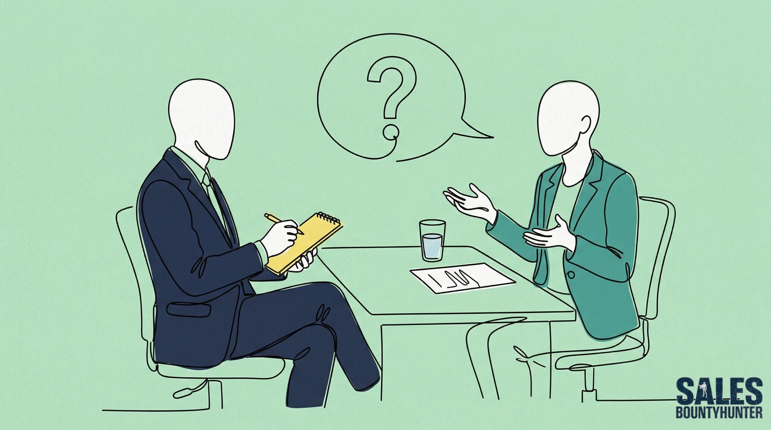 Illustration of two professionals in a sales job interview with a question mark speech bubble