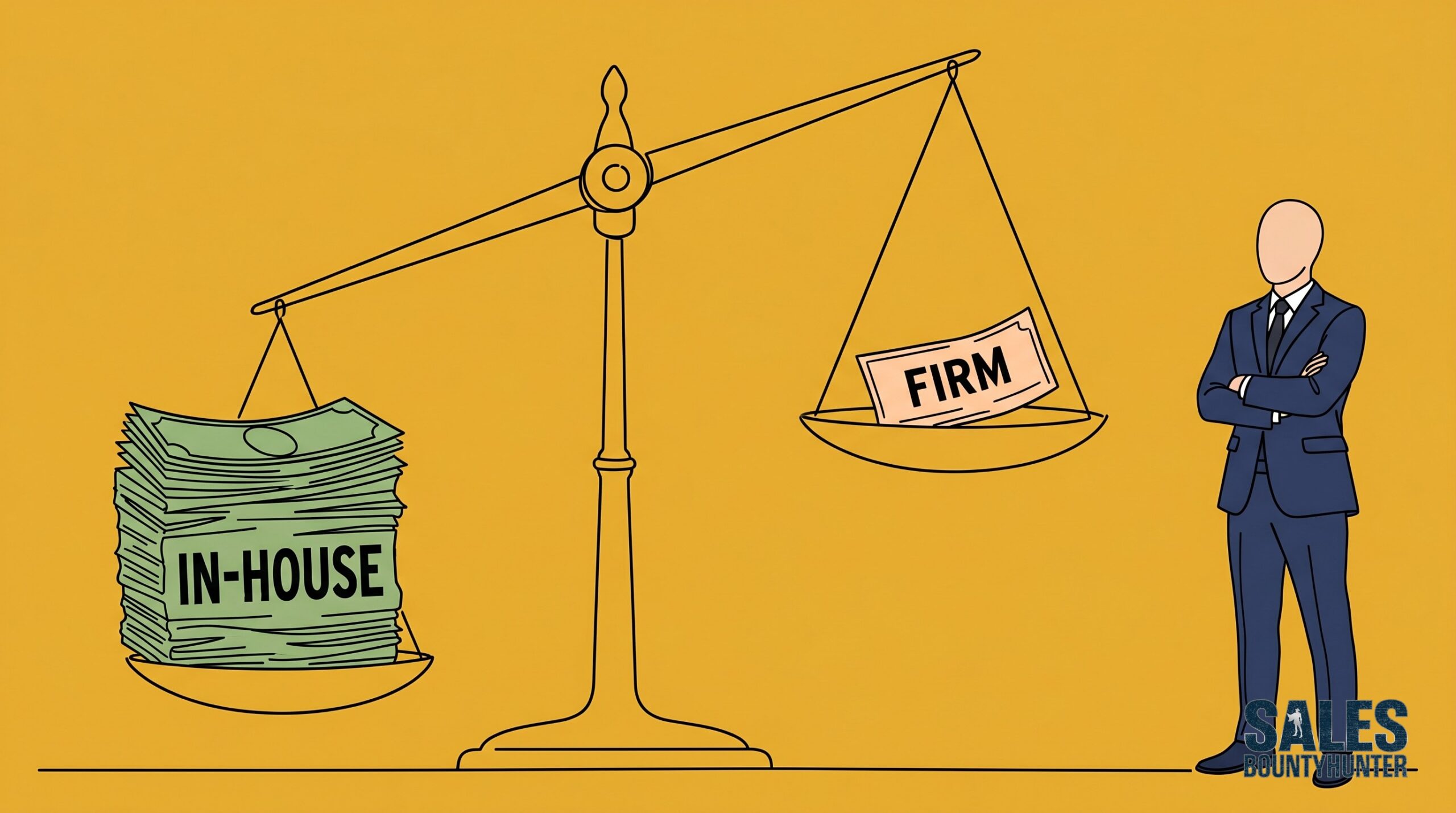 A balance scale tilted heavily toward an IN-HOUSE paycheck, with a much smaller FIRM paycheck on the raised side, while a faceless professional watches