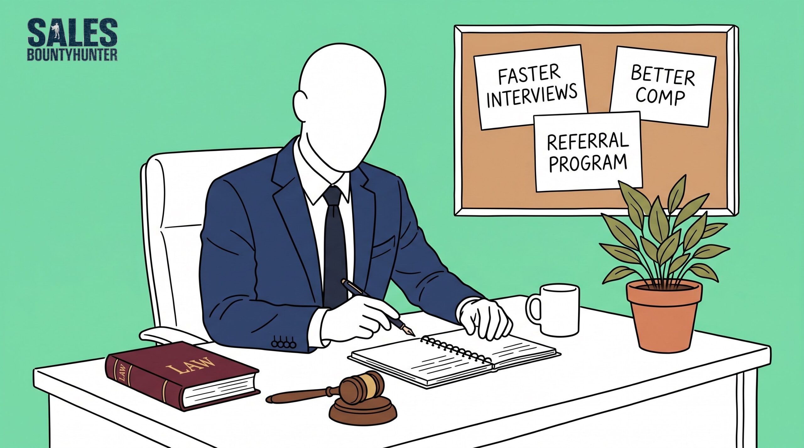 A faceless managing partner at a desk with a planning notebook, a corkboard behind them showing three strategy notes: FASTER INTERVIEWS, BETTER COMP, and REFERRAL PROGRAM