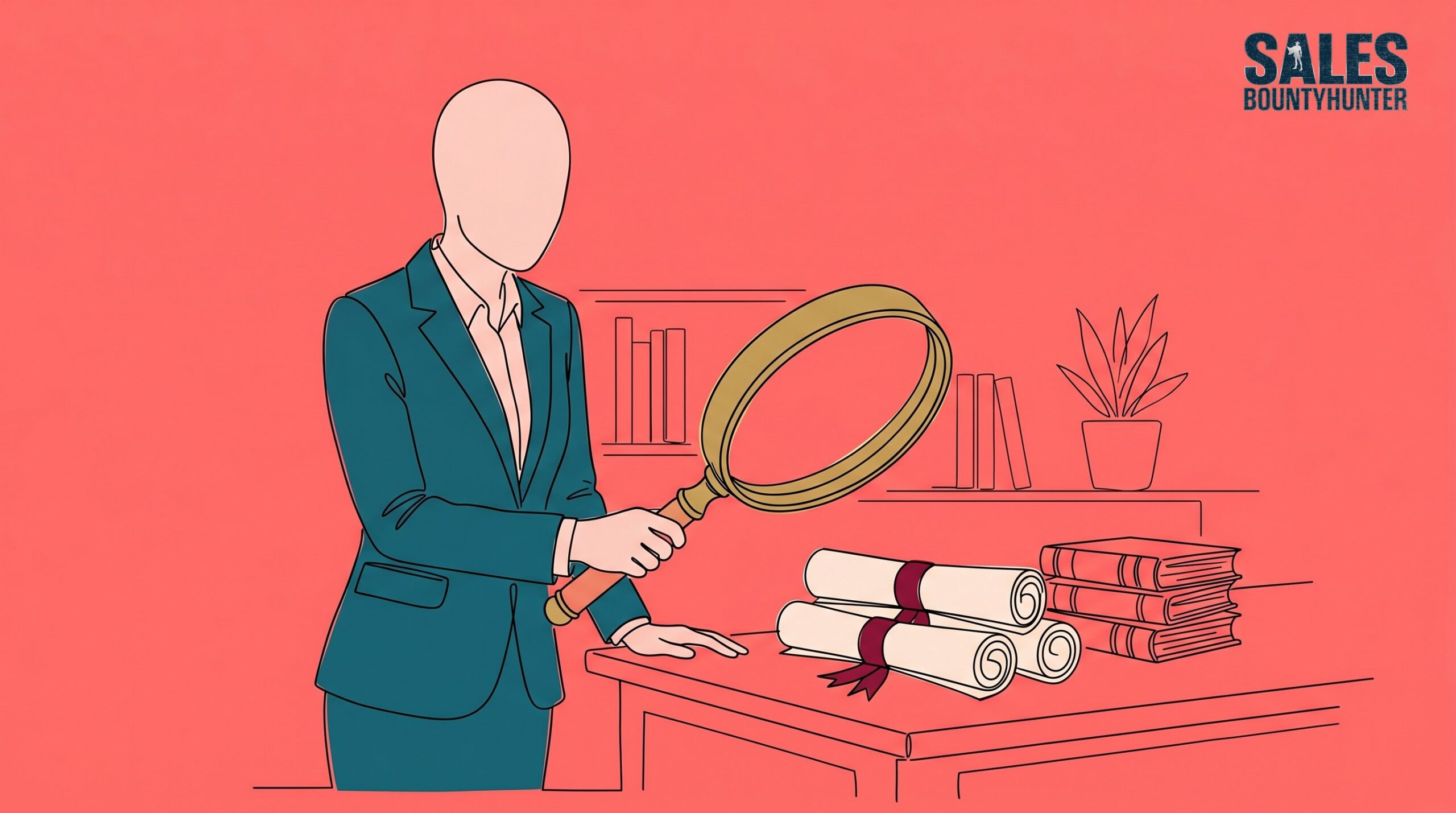 Faceless attorney examining a small stack of law school diplomas with a magnifying glass — the legal talent pool is smaller than it looks