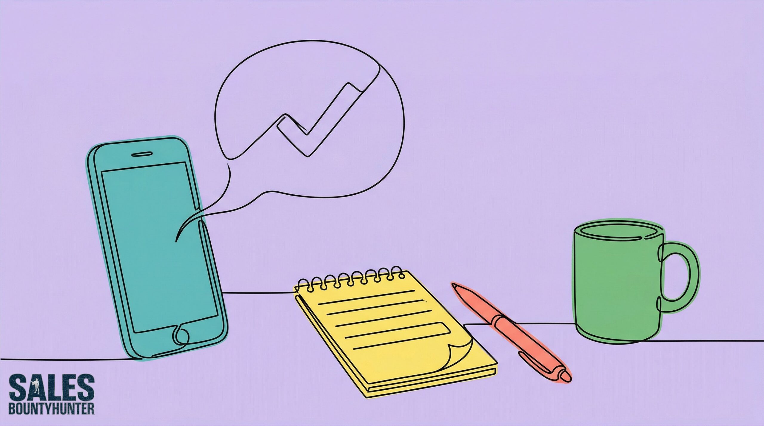Illustration of a phone with a checkmark speech bubble, notepad, pen, and coffee mug representing candidate screening
