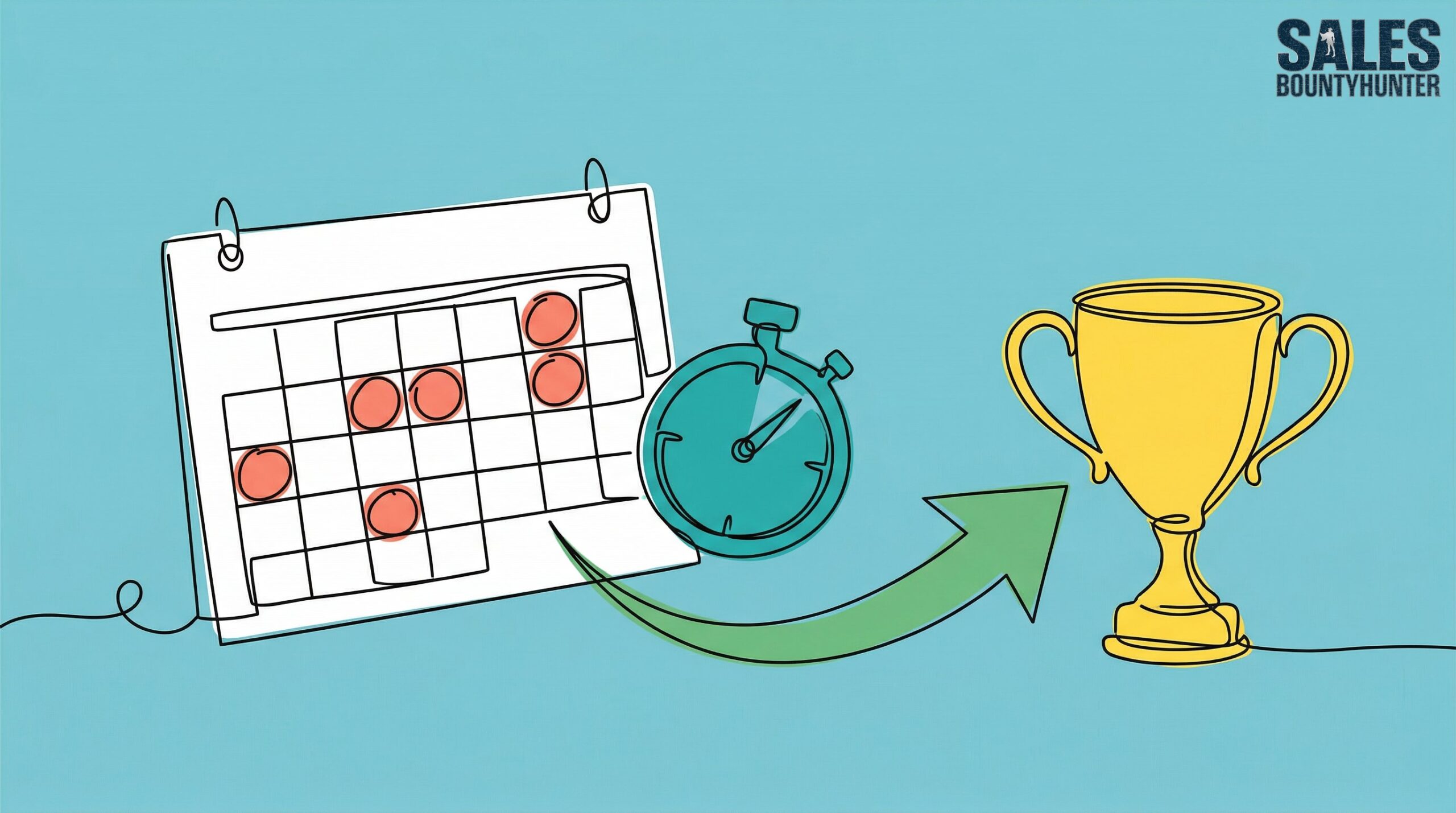 Illustration of a calendar with circled dates, a stopwatch, and green arrow pointing to a trophy