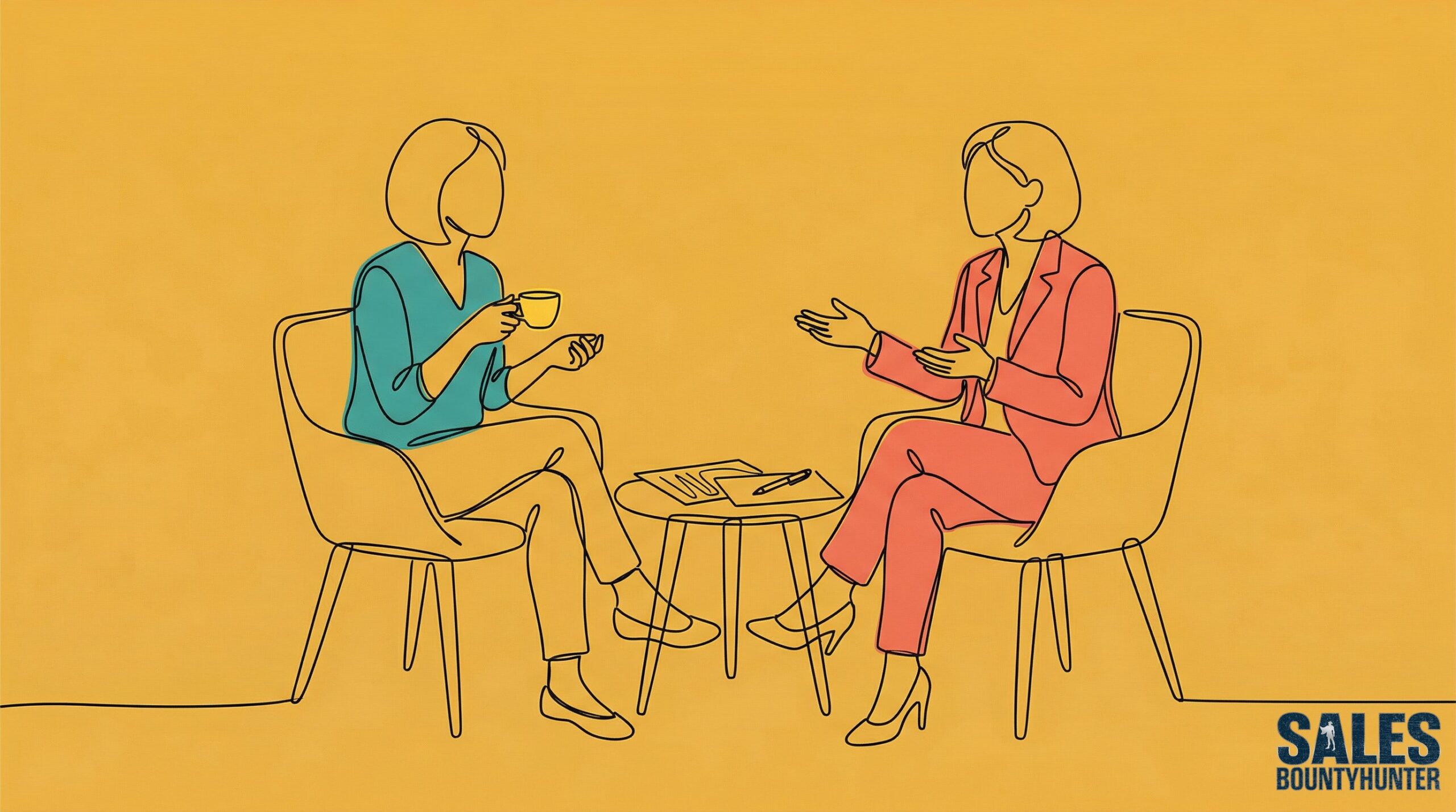 Illustration of two professionals sitting in chairs having a conversation about career opportunities