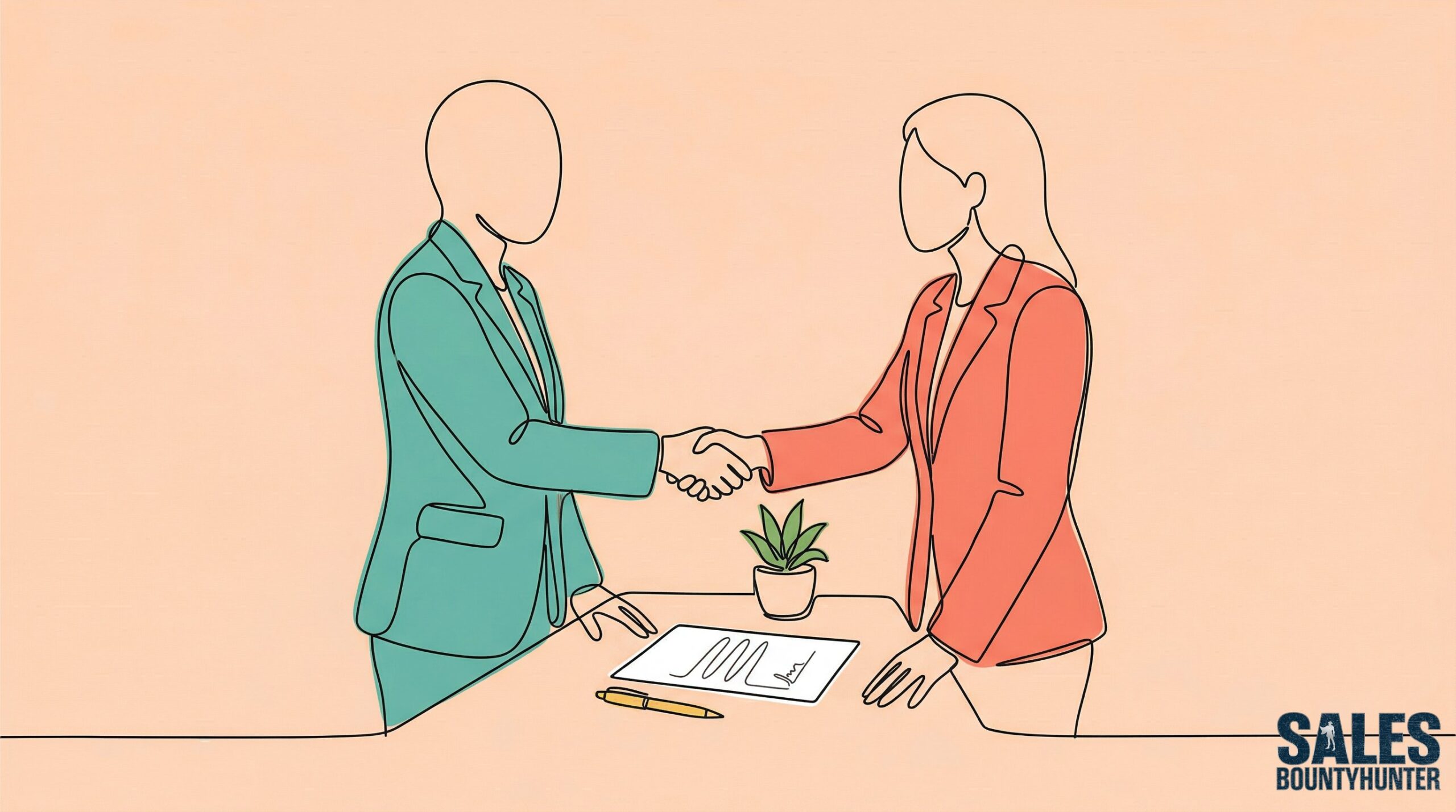 Illustration of two faceless professionals shaking hands over a signed contract with a plant and pen