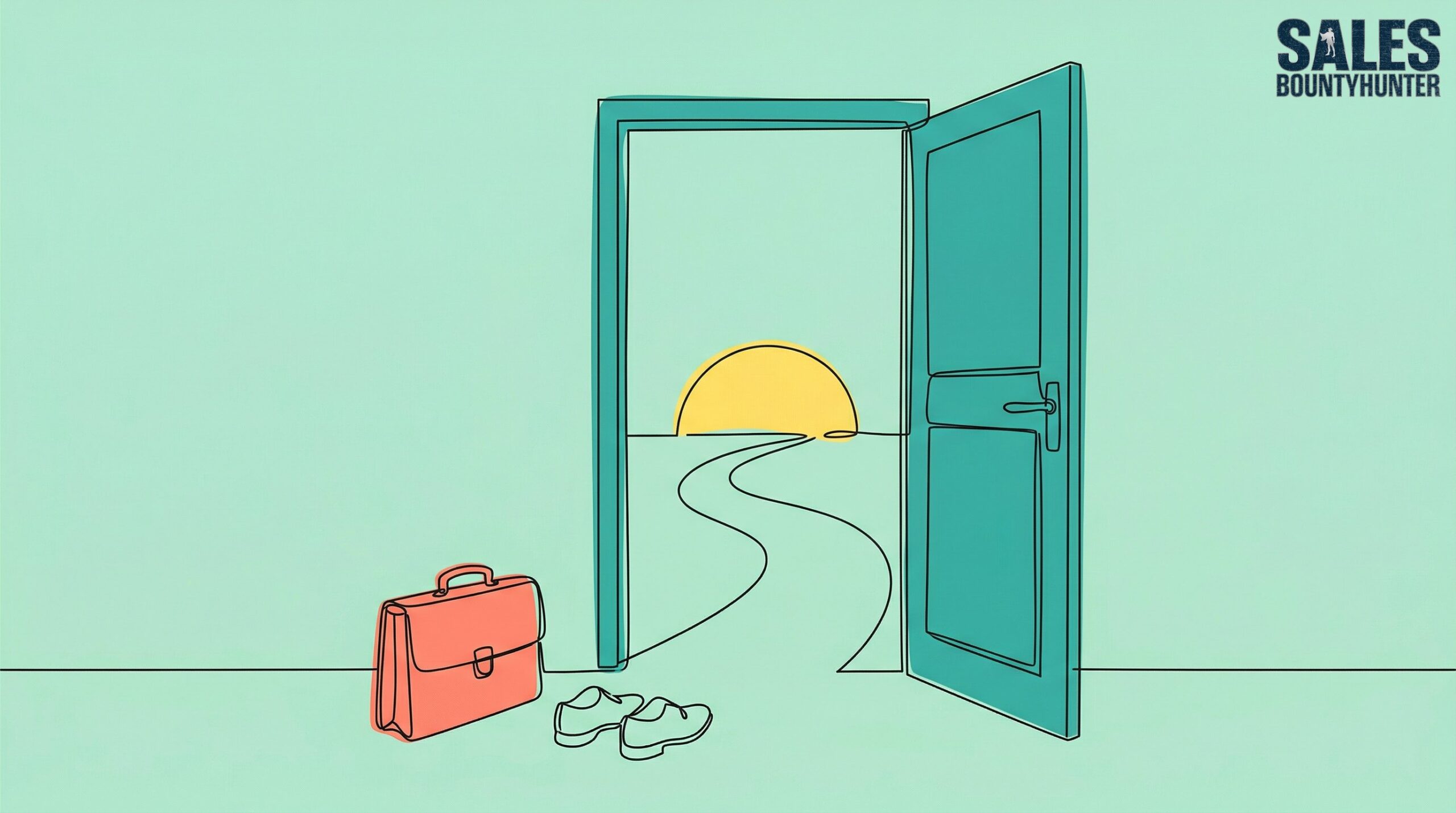 Illustration of an open teal door with a winding path leading to a sunrise, briefcase and shoes nearby