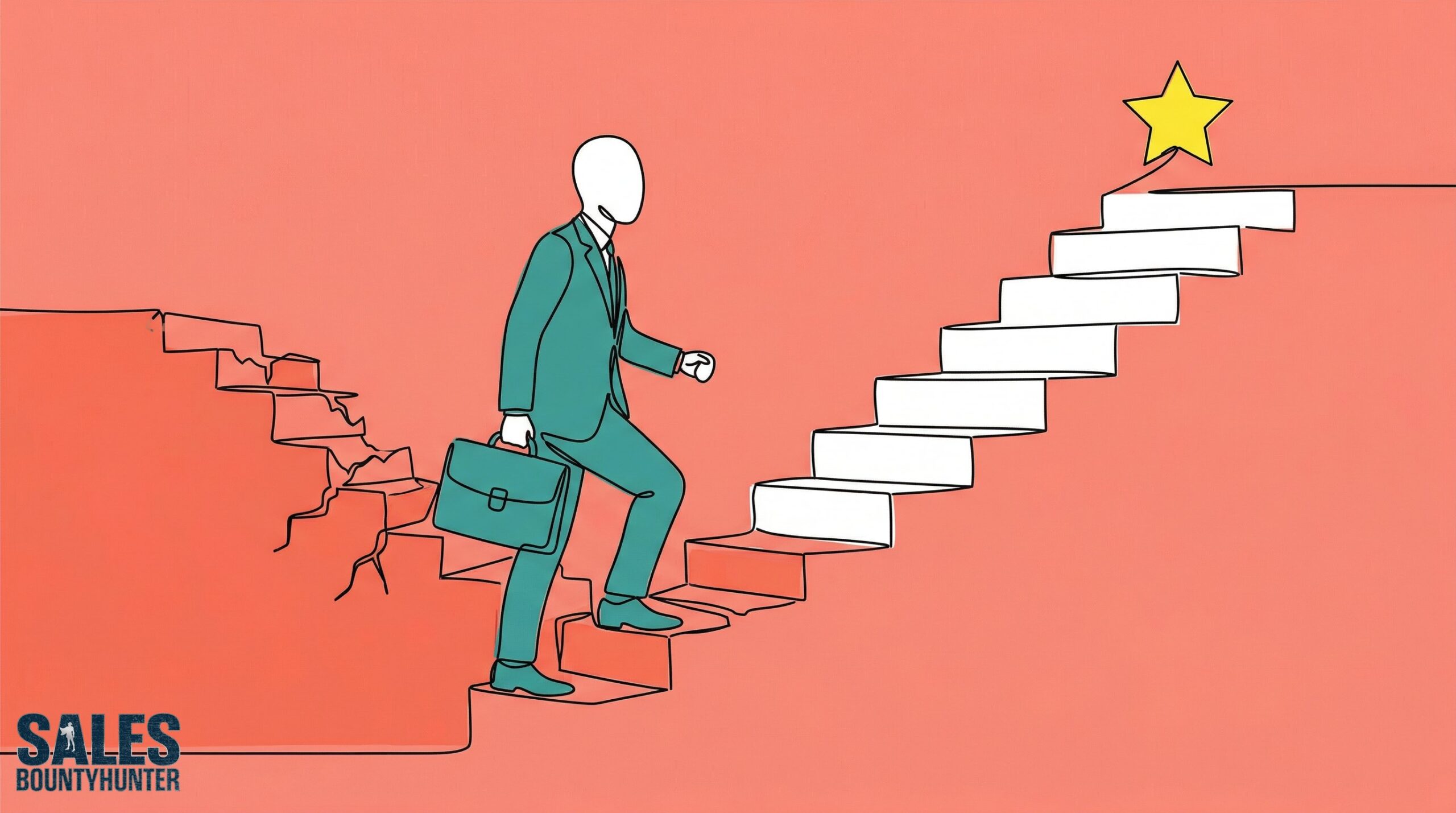 Illustration of a faceless professional climbing stairs with broken steps behind and a star ahead