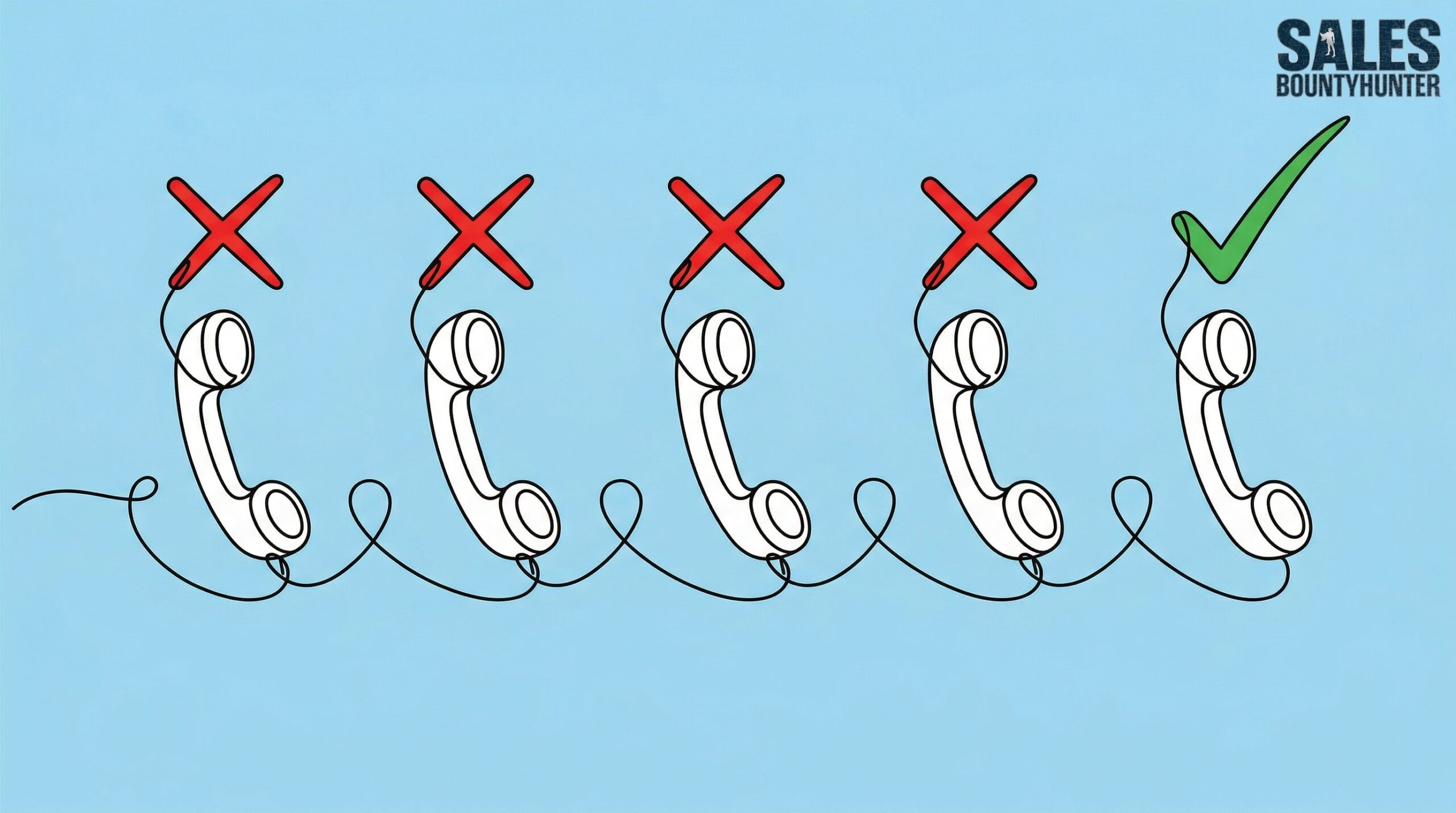 Illustration of five phone handsets in a row with four red X marks and one green checkmark