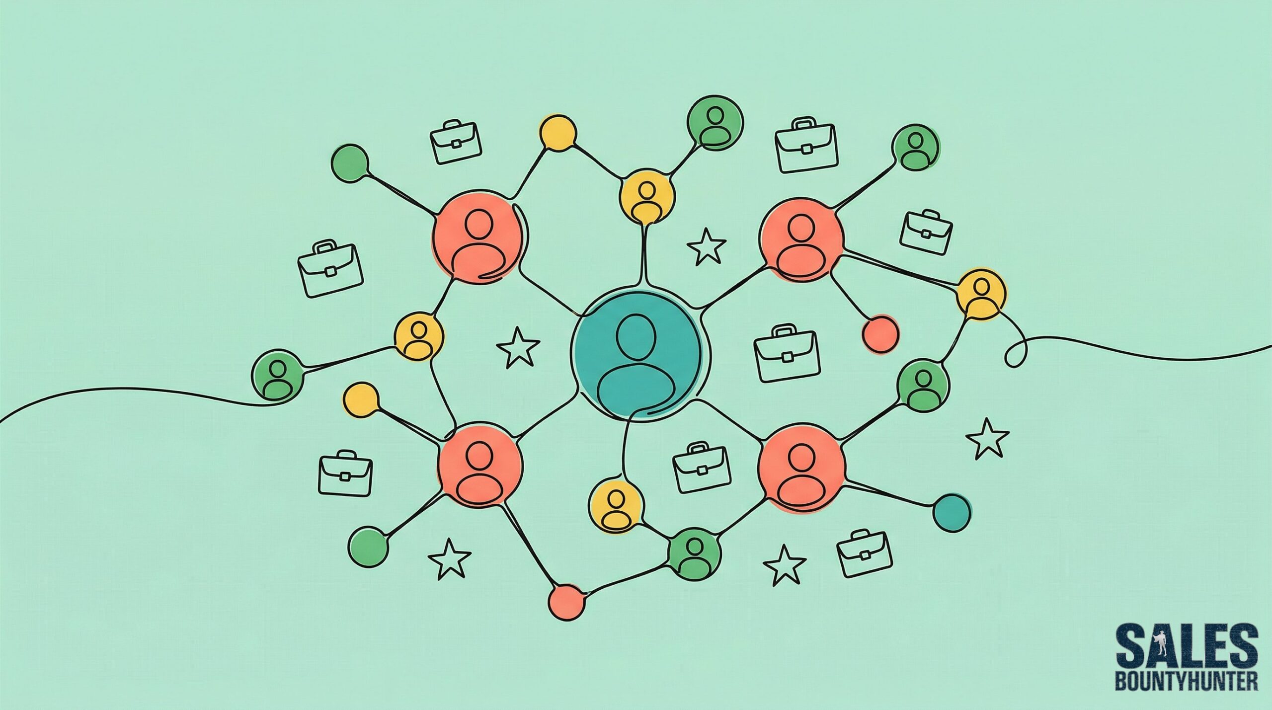 Illustration of a network of connected professional nodes with briefcases and stars